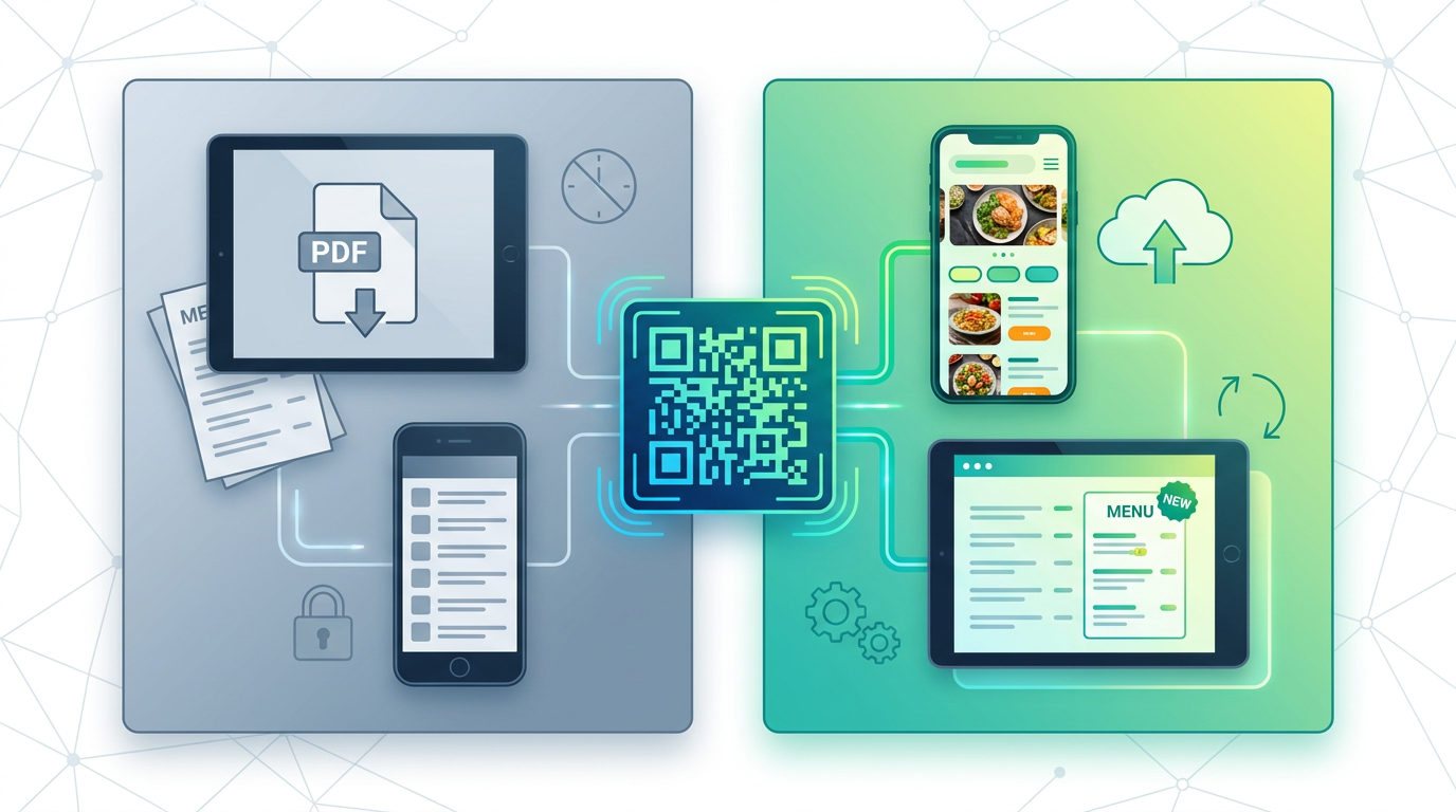 Section illustration: Step 1: PDF Menu vs. Hosted Digital Menu Tradeoffs — dynamic QR code generation