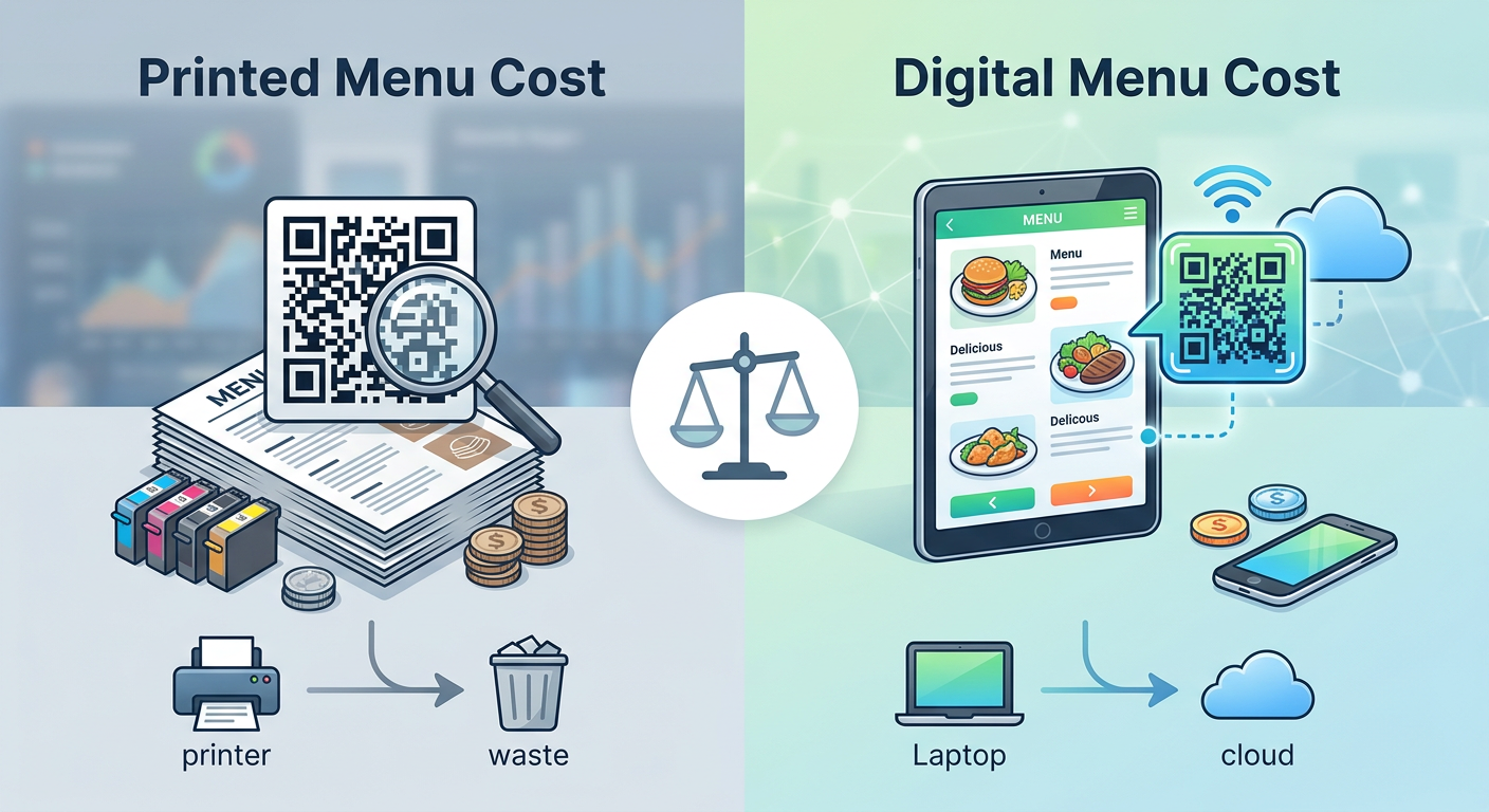 Section illustration: The Financial Equation: Printed Menu Cost vs Digital Menu Cost — dynamic QR code menu (vs static)