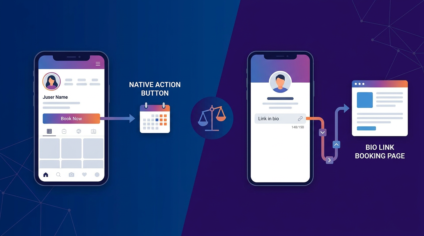 Section illustration: Native Action Buttons vs. Bio Link Booking — Instagram bio link 150-character constraint