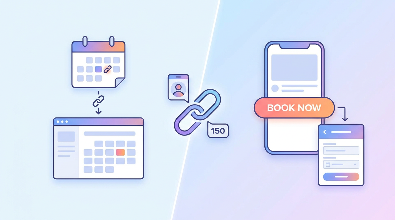 Section illustration: Calendly Embed vs. Native Booking Buttons — Instagram bio link 150-character constraint