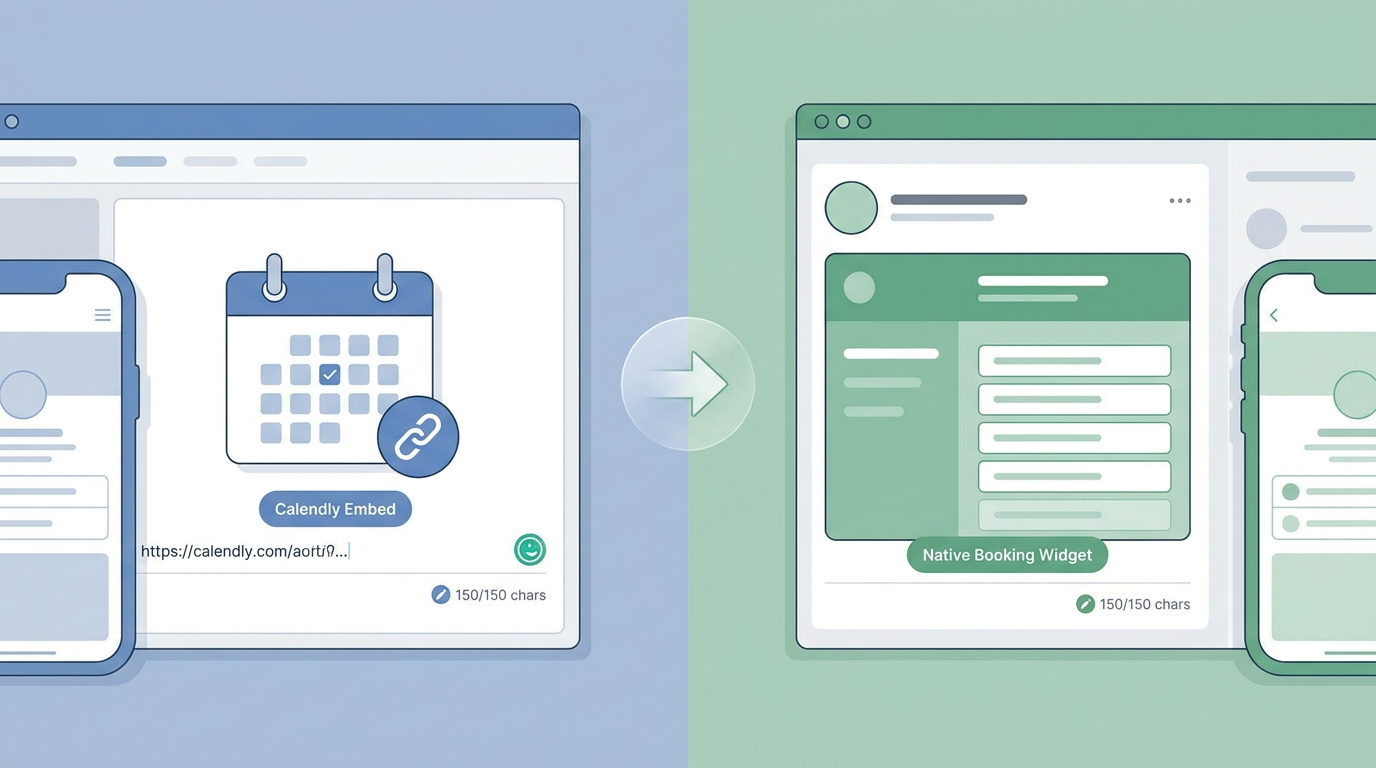 Section illustration: Calendly Embed vs. Native Booking Widget — Instagram bio link character limit (150-character profile constraint)