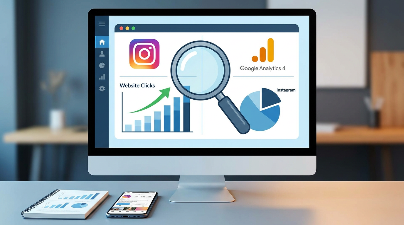 Section illustration: How to Analyze Instagram Bio Traffic in the Google Analytics 4 Traffic Source Report — Instagram Insights 'Website Clicks' metric