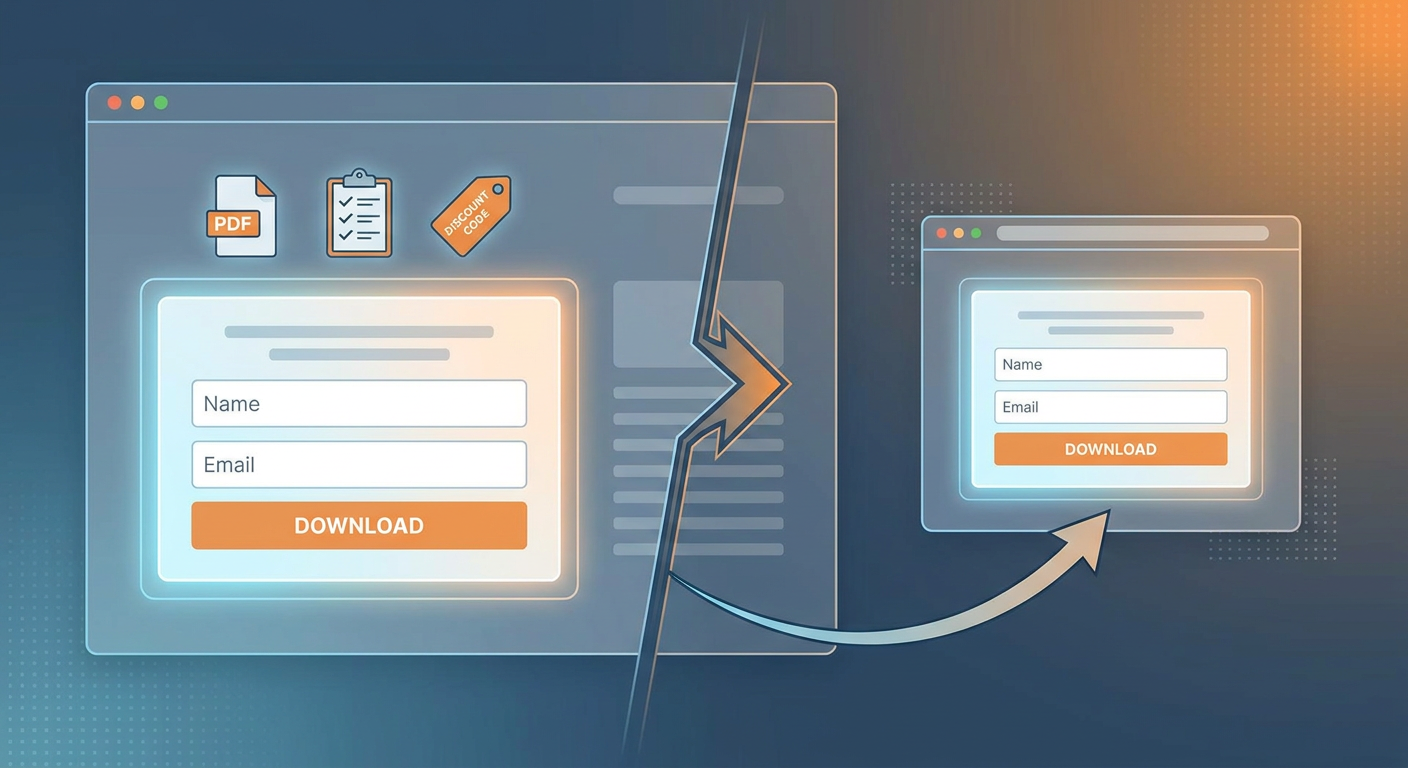 Section illustration: Embedded Email Signup Form vs. Redirecting to External Pages — lead magnet gate (PDF, checklist, discount code as the opt-in incentive)