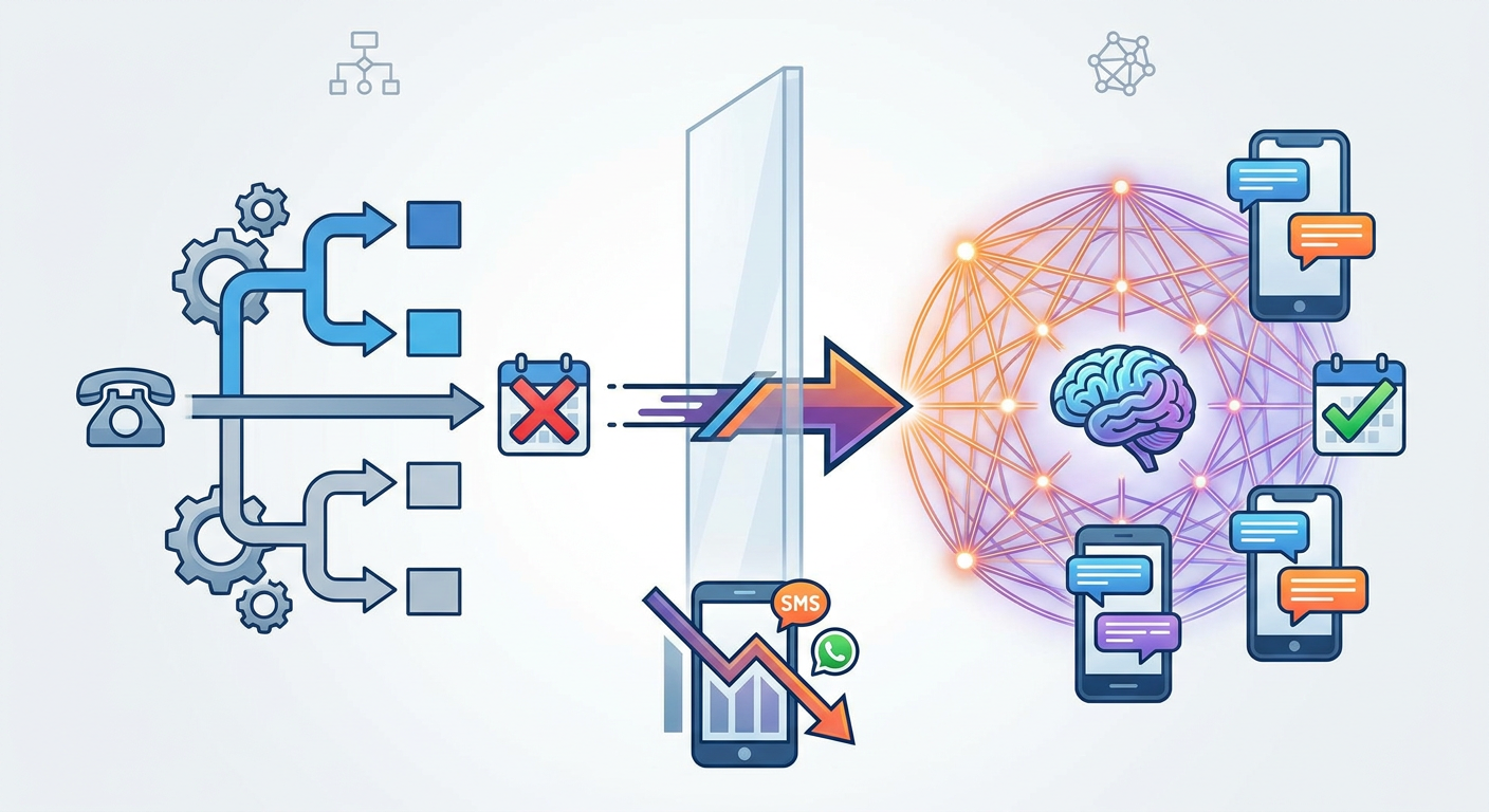 Section illustration: The Core Architectural Shift: Rule-Based vs. Agentic AI Receptionists — no-show rate reduction (SMS/WhatsApp reminder automation)
